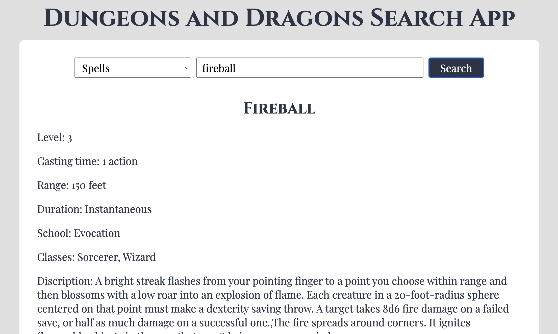 Screenshot of my DnD Search application project
